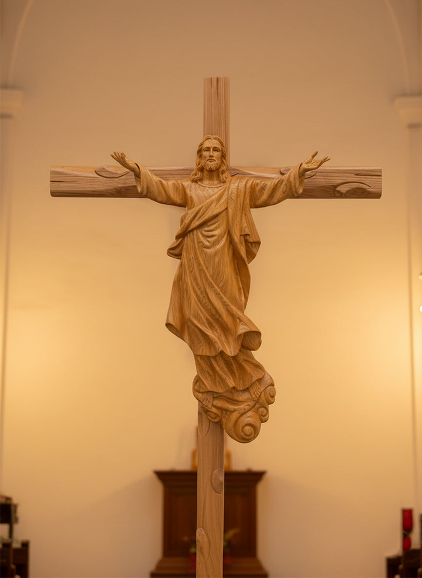 Risen Christ Wooden Crucifix Statue, Jesus Resurrection Cross Wood Carving, Handmade Catholic Religious Sculpture, Christian Home Decor